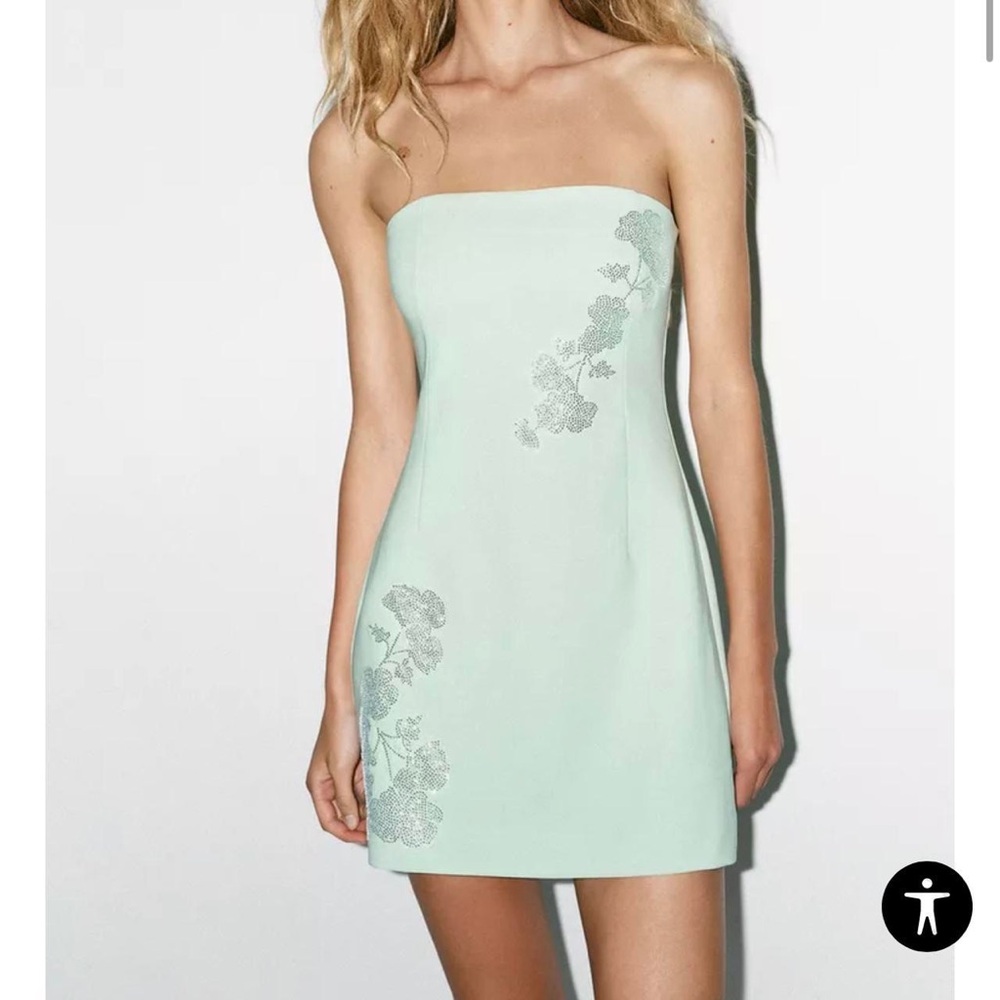 Zara Green Strapless Sheath Dress with Asymmetrical Embellishment